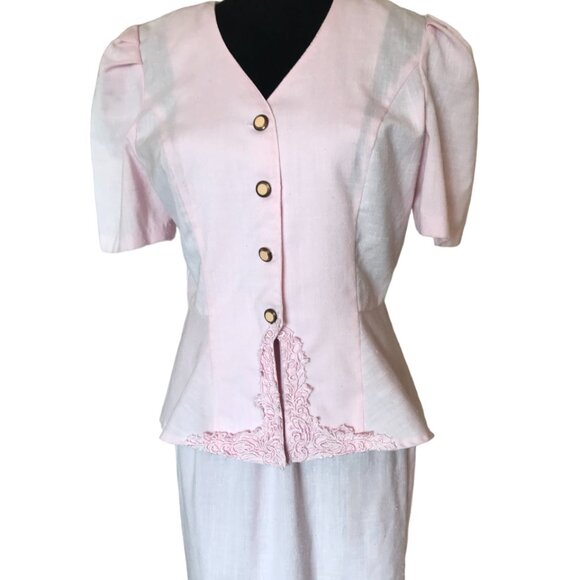 Halmode Petites Vintage Suit Embroidered Jacket Elastic Waist Skirt Pink Size 12 - Picture 5 of 11